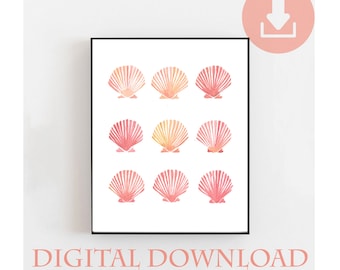 Pink Seashell Print: Bathroom printable wall art (Digital Download), Girls bedroom decor A4, A3