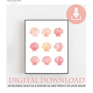 Seashell print art pink decor bedroom shell print | wall art pink | pink boho decor | mermaid printable downloadable INSTANT ART A5 A4 A3