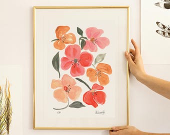 Floral print, abstract flower, colourful flowers print, farmhouse botanical wall decor, cottagecore painting A4