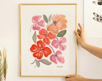 Abstract floral print, flower wall art, colourful botanical artwork farmhouse wall decor, painting A4