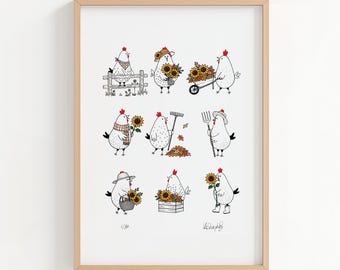 Farmhouse wall art print, country home decor, cottage kitchen decor, chicken lover gift, signed