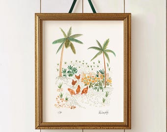 Chicken print, Kitchen wall art, Farmhouse decor, cottage prints, hen watercolour gift A4 signed