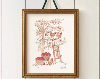 Fall Porch Decor, Cottage-core wall art,  Chickens painting, Farmhouse print A4