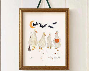 Ducks print, Halloween farmhouse decor, Halloween wall art, spooky farm animals poster a4