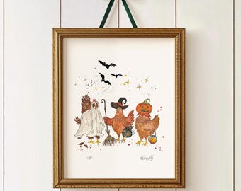 Chickens ghost print, Halloween farm animals illustrtion decor, Halloween gallery wall art, hens gift