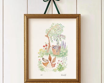 Cottagecore Chickens Print, Watercolour Farmhouse Wall Art, vintage garden illustration (A4, 8x10)