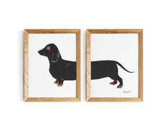 Dachshund print, Dachshund gift, Dog print, dog art, Dachshund print, Set of 2 Hand painted A4 posters, sausage dog art, modern dog wall art