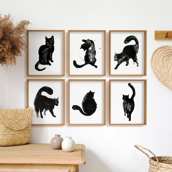 Black cats abstract art prints | SET of 6 | Japanese home decor | cats wall art | Birthday cat gift | Goth wall art watercolour cats A4 x 6