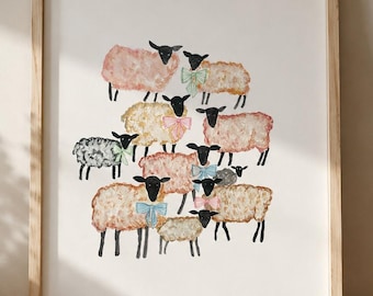 Sheep wall art, watercolor farm animals painting, country nursery decor, signed, Cottage-core print A2