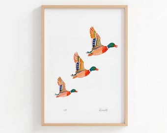 Ducks wall art, Duck print, Country home decor, farmhouse gallery wall, flying birds painting