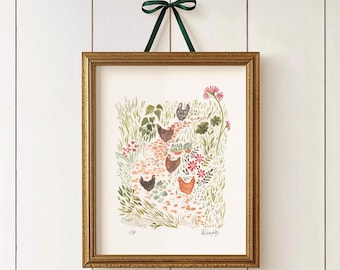 Hühner Art Print, Hühner am Feldrand, Bauernhof Poster, A4 Geschenk signiert, 30x40 cm
