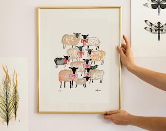 Sheep Art Print, farmhouse kitchen ,  Watercolor sheep painting, Farm Nursery Decor, Signed, Cottage-core