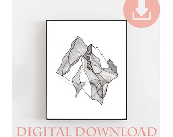 Puede incluir: Impresión en blanco y negro de una cordillera de montañas en líneas. La impresión está disponible como descarga digital y como impresión de arte física.