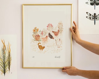 May include: A framed watercolor painting of a cat and chickens in a garden setting. The painting is signed "V. Steppat" and numbered "1/50".
