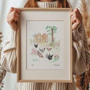 Kunst aan de muur kippen, kippenprint, cadeau kip agent, huisje kern decor, cadeau kip mama, kippen aquarel, boerderijdieren print A4