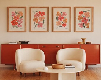 Abstract floral print set, Botanical wall art, Flower paintings, Bold flowers prints A4 set