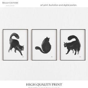 Black cat prints | Cat home decor | SET of 3 | Japanese cats wall art | Birthday cat gift  smokey cat gloomy watercolour cat 3 x DIGITAL