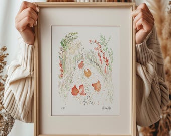 Chicken Watercolor Print: Cottage-Core Farmhouse Decor (A4)