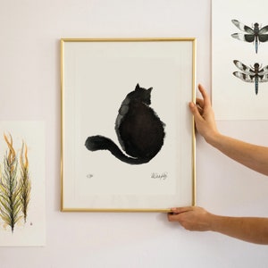 黒猫の絵画 - 水彩猫の絵画 - 猫のギフト - 猫の壁アート - 日本の猫 - 猫の室内装飾 - 猫好きへのギフト手描き A4