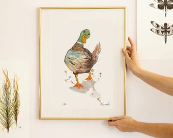 Mallard duck print, watercolour bird, duck gift, cottagecore decor, farmhouse wall art, signed painting