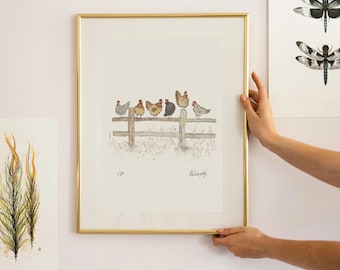 May include: A framed watercolor illustration of a group of chickens perched on a wooden fence. The chickens are various shades of brown and gray, with red combs and wattles. The illustration is signed "McMurphy" and numbered "11/300".