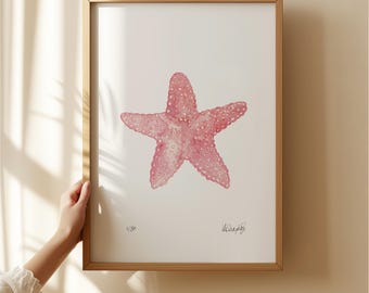 Starfish watercolour print, pink bedroom wall art, seaside gift, beach house decor A4