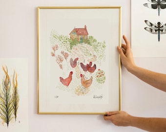 May include: A framed watercolor painting of a cottage with a green roof and a group of chickens in a garden setting. The painting is signed "W. Crapp."