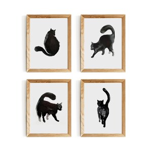 黒猫のプリント | 猫の壁アート | 4枚セット | 日本の猫の壁アート | 誕生日の猫のギフト スモーキーキャット 憂鬱な水彩画の猫 4 x A4 サイン入り猫