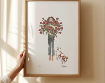 Flowers Art Print Tulipa Illustration Floral Wall Art, Woman Jack Russel lover gift A4