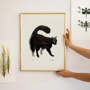 黒猫プリント、黒猫アート、猫の壁アート、黒猫ギフト、日本の猫ギフト、猫の室内装飾、抽象的な黒の水彩画猫の絵画A4