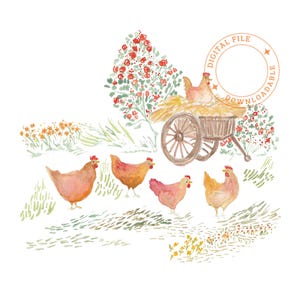 Stampa di pollo / Stampa artistica di gallina ovaiola, download digitale, stampa artistica / Cinque polli, fiori, giardino con polli, stampabile, vivaio, A4