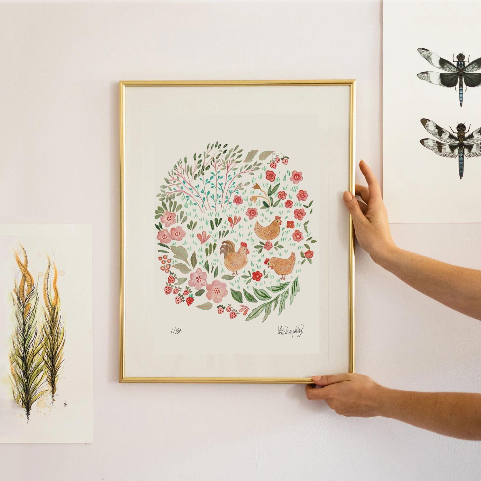 Floral Chicken Art Print: Limited Edition Farmhouse Wall Decor