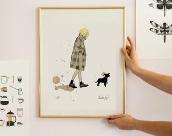Impression fille et chien, aquarelle promenant un chien, aquarelle sylvite fille, impression d'art fille aquarelle, art mural mode, décoration neutre, art beige