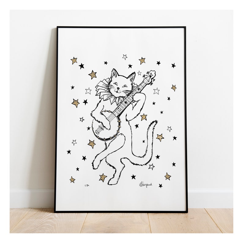 Cat Print, cat wall art cat decor Cat Gift white cat portrait A4 musical cat art cat musician art print Spanish wall art A4 8x10 image 1