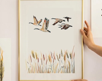 Impressão de Gansos: Arte de parede estilo casa de campo, pintura de pássaros, edição limitada, assinada, decoração para fazenda, presente, tamanho A4