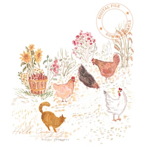 Chickens and cat print | country garden chickens digital download art print | country print | chickens printable nursery | cottage core art
