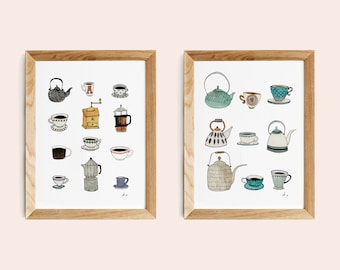 Coffee and Tea Art Prints, Country Kitchen Decor (Set of 2 A4) Signed
