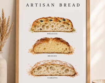 Artisan Bread Print, Kitchen Wall Art, Toast poster, Focaccia, Brioche gift, Ciabatta A4 illustration