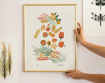 野菜プリント、カラフルなキッチンウォールアート、フルーツポスター、野菜イラスト、食品絵画 A4