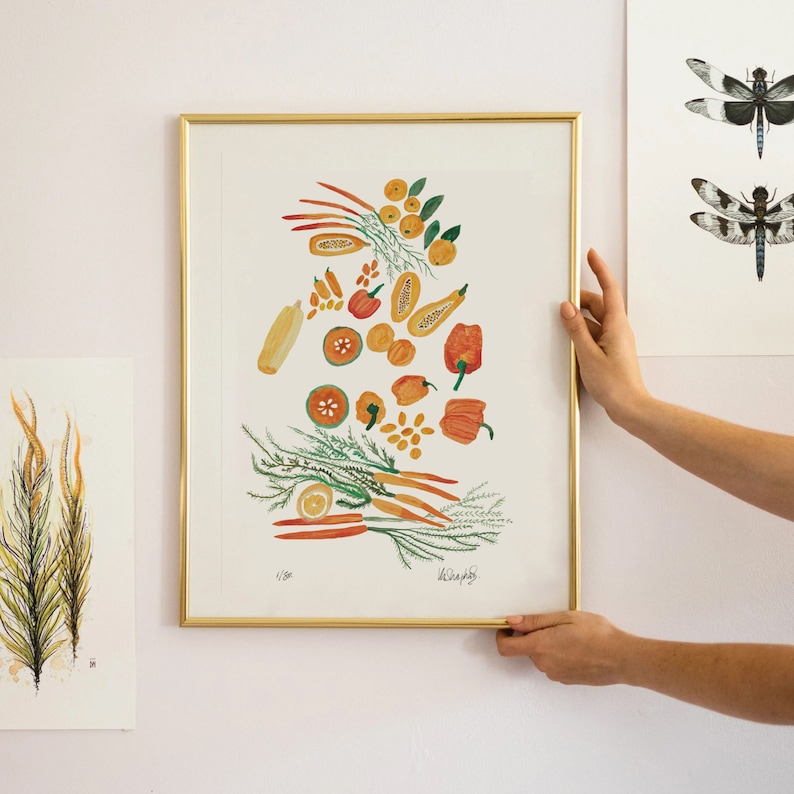 Carrots, peppers, oranges, squash, fruit and veg watercolour print in A4 standard size. Signed kitchen wall artin yellow, orange and red warm colours. Vegetables and fruit fall print. Autumn wall decor and vegetarian perfect gift.