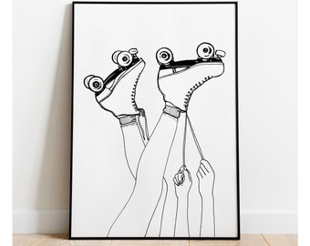 Roller skate print, roller skate gift, Line drawing, old school Print line art, minimalist print, bold decor, boho wall art, skating gift A4