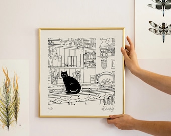 Schwarze Katze Art Print: Signierte Limitierte Edition, Modernes Wohndekor a4, 8x10, 8x8”