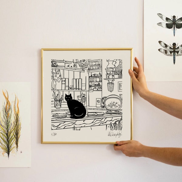 Black cat wall art, black cat illustration, black cat print, black cat gift, black cat home decor, black cat square print black cat art 8x8"