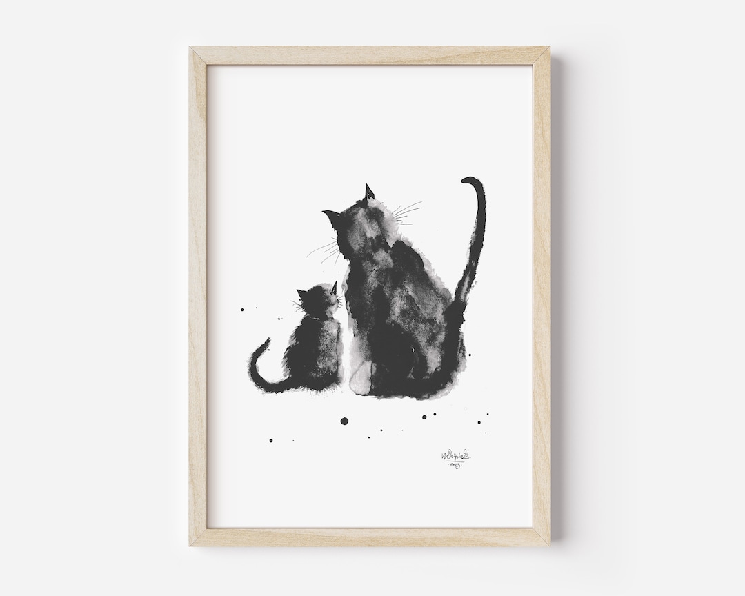 Two Black Cats Print, Cats Wall Art, Cat and Kitten Print, Black Cats