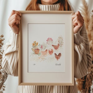 Vintage Chicken Watercolor Print: Farmhouse Cottage Decor