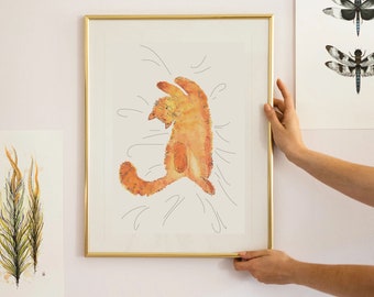 Ginger Cat Art Print: Sleeping Orange Cat Watercolor (8x8 inches)