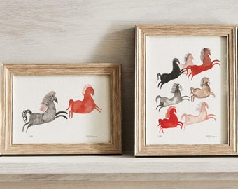 Red horses prints, earthy decor, terracotta decor, abstract horses wall art horses gift, horses prints, horses illustration, 2 prints set