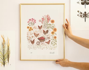 Farmhouse fall decor, farmhouse chicken wall art, chickens print,  whimsical nursery, signed A4