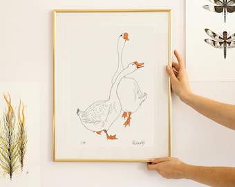 Goose Print, Cottage geese art, farmhouse kitchen, bird wall art, cottagecore decor, signed artwork