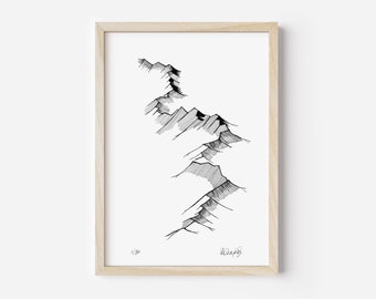 Abstract Mountains art print | Japanese Landscape modern minimalist monochrome mid-century line poster | Signed single line print A4 8x12"